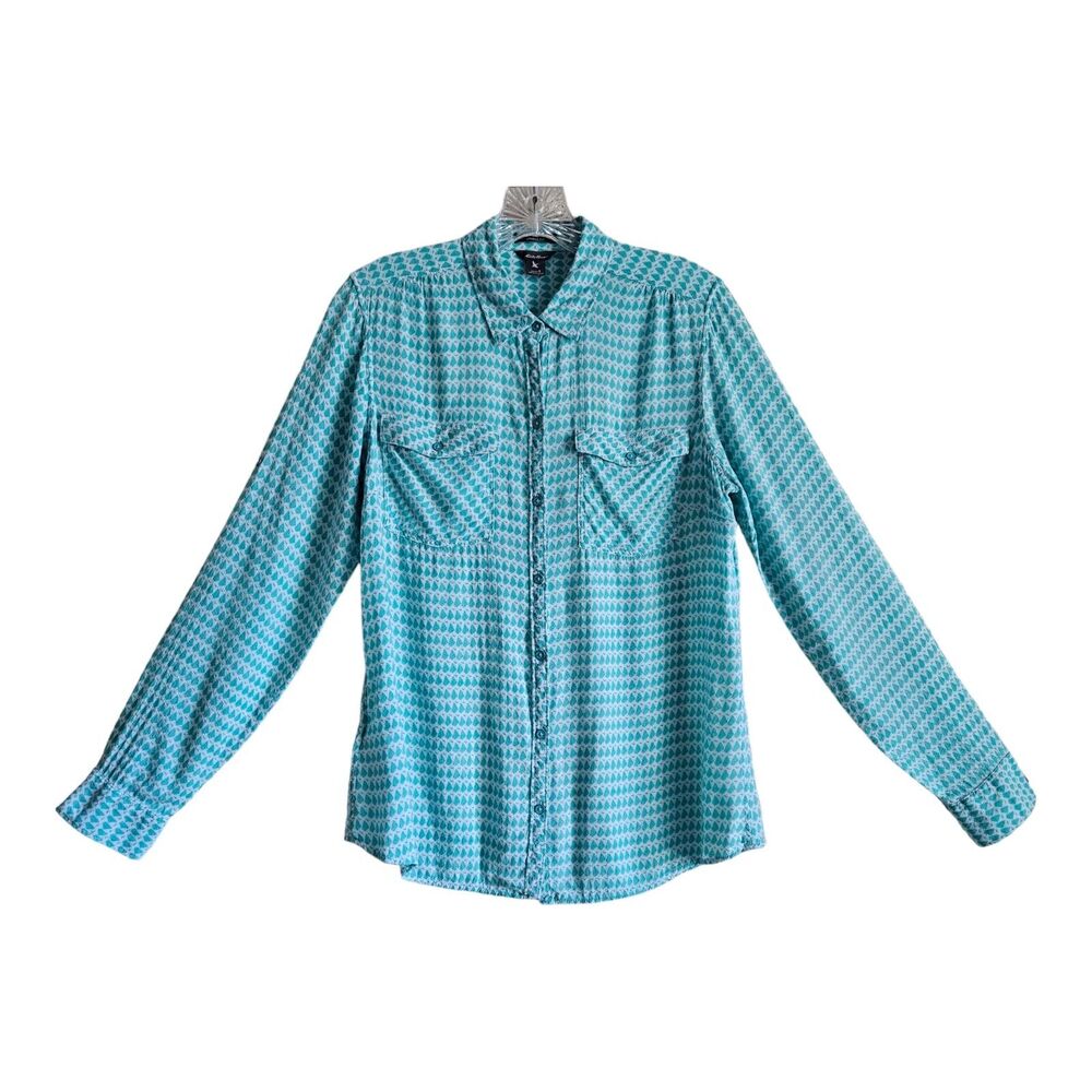 EDDIE BAUER Women's S Shirt Teal White Button Up Lightweight Roll Up Tabs 36"